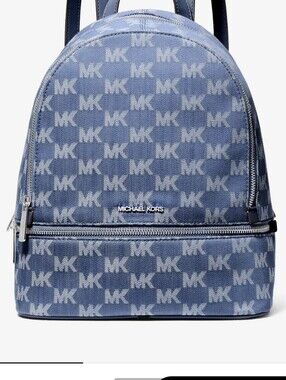 NWT Michael Kors Rhea Medium Logo Jacquard Denim Backpack